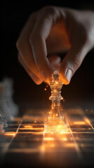Confident hand holding glowing crystal king chess piece on board showing strategic power and magical ambition in dark atmosphere game for success and victory