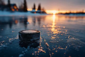 Frozen elegance at sunset with hockey puck on a shimmering ice surface