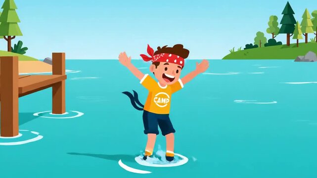Excited Boy Jumps From Dock Into Refreshing Lake Water Animated Cartoon Style Video