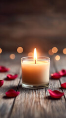Romantic scene with lit candles and red rose petals