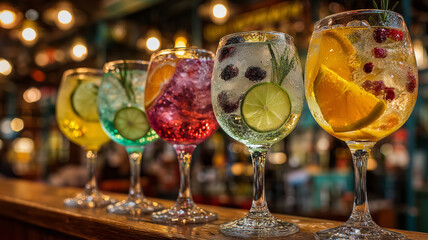 Colorful and refreshing cocktails lined up in a vibrant bar setting