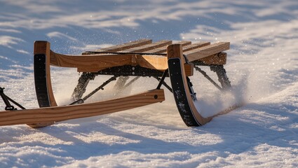 Classic wooden sled with metal runners sliding across snowy surface, snow spraying around, capturing motion, winter fun, traditional sledding and active outdoor recreation