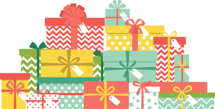 Colorful Gift Box Stack Illustration with Wrapped Presents, Ribbons, and Bows for Birthday, Holiday, Celebration, and Surprise Designs