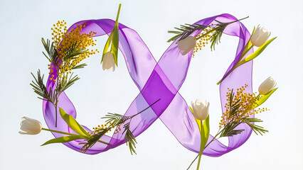 Creative Infinity ribbon eight symbol decorated with spring tulips and mimosa. For March 8th greeting cards, holiday banners, and event invitations.