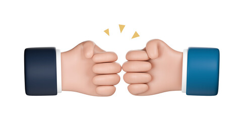 3D cartoon hand punch or fist bump. Success, teamwork, agreement, and partnership concept.