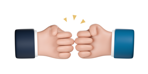 3D cartoon hand punch or fist bump. Success, teamwork, agreement, and partnership concept.