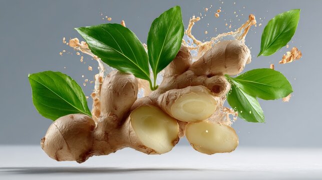 Fresh ginger root with vibrant green leaves, splashing droplets of water, showcasing natural ingredients, emphasizing health benefits and culinary uses in a visually appealing composition