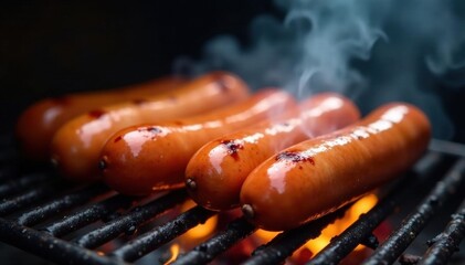Hot dogs steaming on a grill grate, char marks visible ,  char marks,  meat