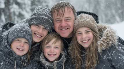 Joyful winter family moment in a snowy landscape with warm smiles