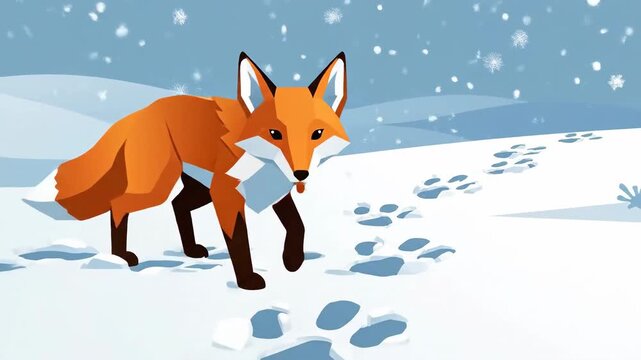 Fox Walking Across Snowy Landscape with Footprints Animation in Winter Season Concept