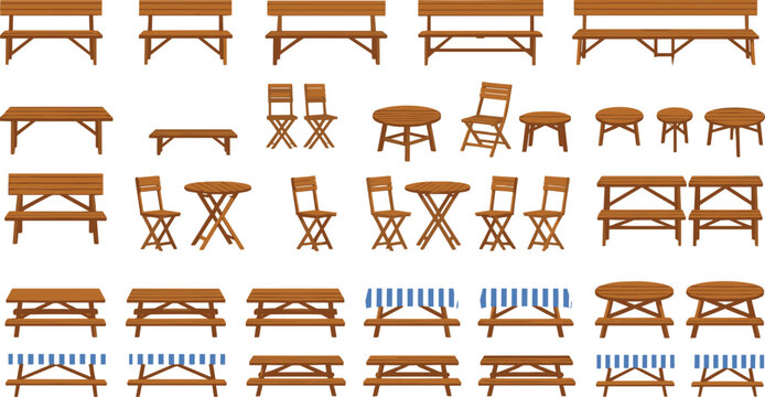 Wooden Picnic Table and Chair Furniture Illustration Set with Outdoor Benches, Stools, and Dining Seating Elements for Park Designs