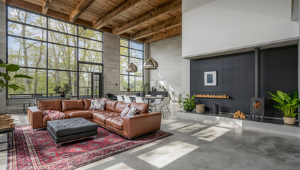 Spacious modern living room with large windows, leather sectional, and fireplace