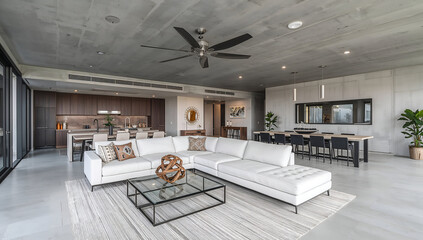 Spacious modern living room with open concept kitchen and dining area