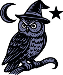 Witch Owl Hat Moon Star Halloween Magic Vector