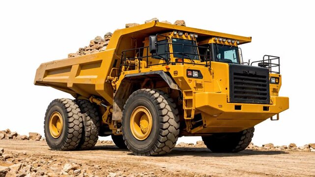 Heavy Duty Mining Dump Truck - This video features a large, yellow mining dump truck isolated on a white background. The truck bed is loaded with rocks and is ready for transporting materials.
