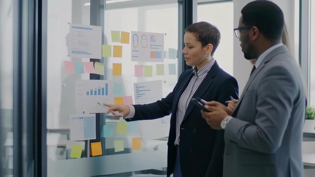 Diverse business team collaborates on strategy using sticky notes on glass wall.