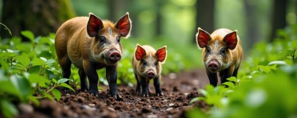 Iberian pig family rooting in the undergrowth, rural, rooting, ground
