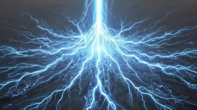 A powerful blue lightning strike branching out across a dark textured surface
