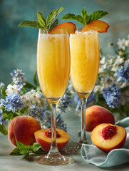 Refreshing peach cocktails garnished with mint and surrounded by blossoms