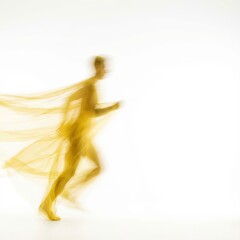 An abstract image featuring a blurred figure running, draped in flowing golden fabric, against a bright white background. The motion is suggested by the blur.