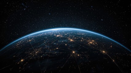Fototapeta premium Earth from space illuminated with lights, showing connectivity and networks across continents. Technology and communication, space view, night imagery.