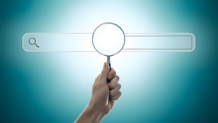 Searching on the internet with a magnifying glass over a search bar, symbolizing the process of information discovery