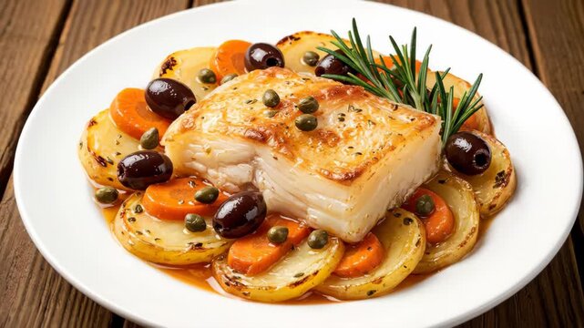 Baked Cod with Vegetables - This stock video shows a prepared baked cod fillet plated with sliced potatoes, carrots, and olives.
