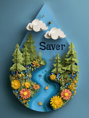 Creative paper art featuring a serene river landscape with flowers and clouds