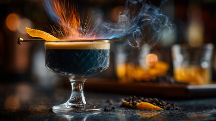 Crafting a smoky cocktail with a warm glow and vibrant flavors at dusk