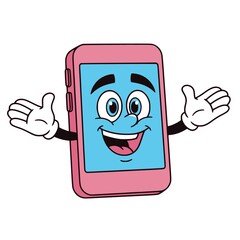 Smart phone cartoon with face and hands. Happy cartoon pink cellphone for your design. Vector illustration, JPEG version.