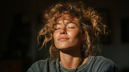 Curly-haired woman enjoying peaceful moments in warm sunlight indoors