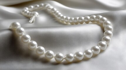 Pearl necklace displayed on satin with bokeh effect, perfect for wedding themes and elegant occasions, ideal for personal or commercial use