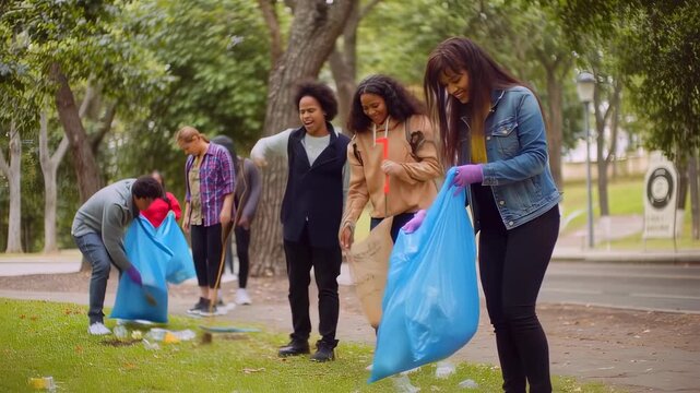 Diverse group of volunteers cleaning up a park environment together.