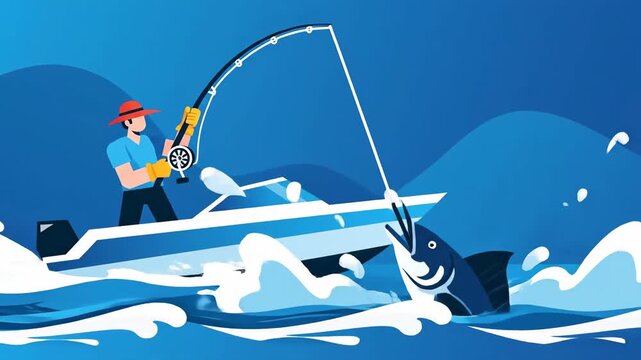 Exciting Sport Fishing Adventure With Fisherman On The Boat Catching A Large Marlin Cartoon Style