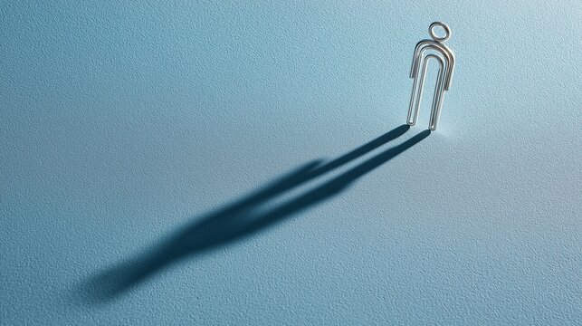 Paperclip shaped like a man casting a long shadow on an empty blue background. Concept of office worker, leadership, and individualism.