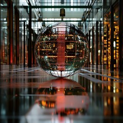 Glowing sphere reflecting city lights in modern architecture high resolution image