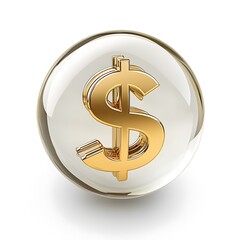 Golden dollar sign inside glass sphere on white background high resolution image