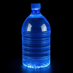 Bright blue water bottle glowing in dark high resolution image