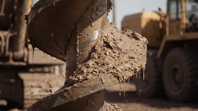 Close-up of a heavy auger drill bit covered in wet mud rotating slowly, excavating soil on a construction site with blurred background machinery.