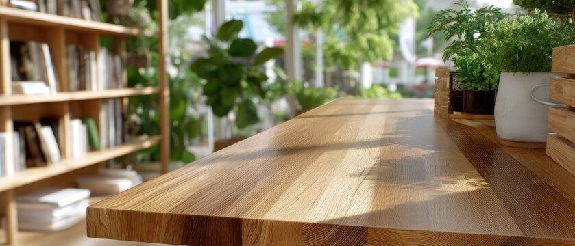 Wooden table top in front of a bookstore with shelves filled with books and natural light coming through windows
