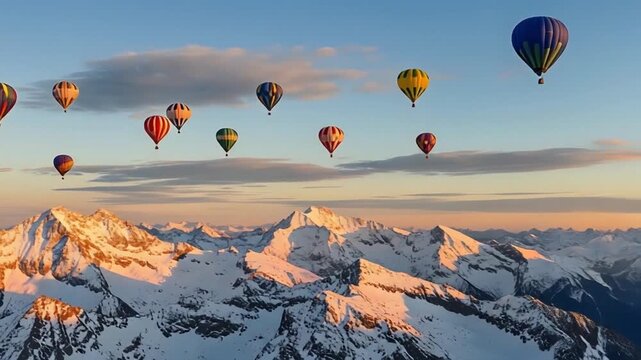Hot air balloons soaring above snowy mountains at sunrise from a high vantage point