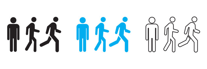Man stands, walk and run icon . Minimalist pictogram shows human figure progressing from standing to walking and running, illustrating movement, speed increase, and activity stages.
