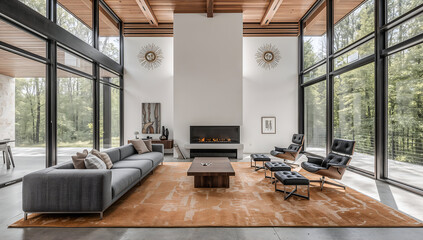 Spacious modern living room with high ceilings, fireplace, and large windows overlooking nature