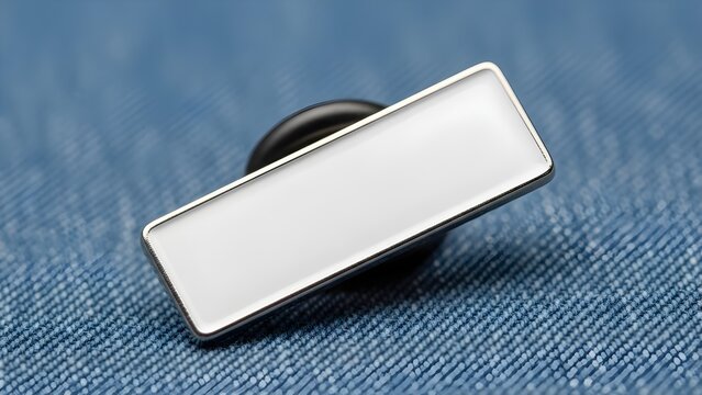 Blank rectangular enamel lapel pin with a polished silver metal border resting on a textured blue denim fabric surface ready for custom branding or promotional design applications