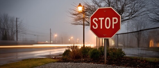 Obraz premium Traffic control signal at night with red stop light and stop sign on a foggy street