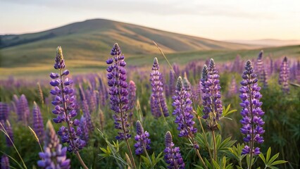 Obraz premium Purple mauve lupine flowers carpeting open field, serene natural backdrop, environmental awareness theme