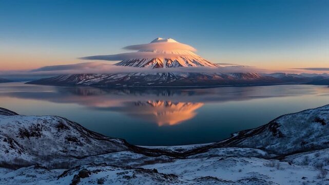 Snow-capped mountain peak reflected in serene lake at dusk from a distant viewpoint