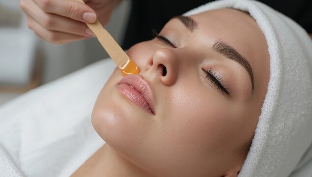 Facial waxing treatment close up, upper lip hair removal, professional beauty salon skincare procedure