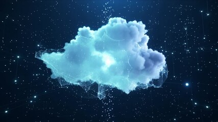 Abstract cloud computing animation showing digital data transfer in network space with glowing plexus effects - Powered by Adobe