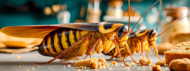 Meticulous insect carefully surveys scattered food particles on porcelain plate with silent tension